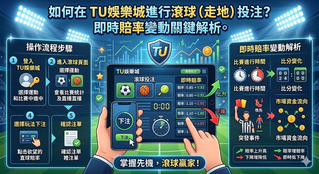 在 TU娛樂城進行滾球(走地)投注,玩家需進入體育賽事頁面並鎖定正在進行中的比賽。投注核心在於觀察即時賠率變動,這通常反映了賽場上的突發狀況,如進球、紅牌或攻守節奏的轉換。建議關注盤口與水位(Odds)的跳動趨勢,當強隊落後但進攻壓力持續增加時,往往是絕佳的進場時機。此外,利用平台提供的實時數據與直播功能,結合心態平穩的分注策略,能更精準捕捉高賠率機會,確保在變幻莫測的賽事中奪得先機。